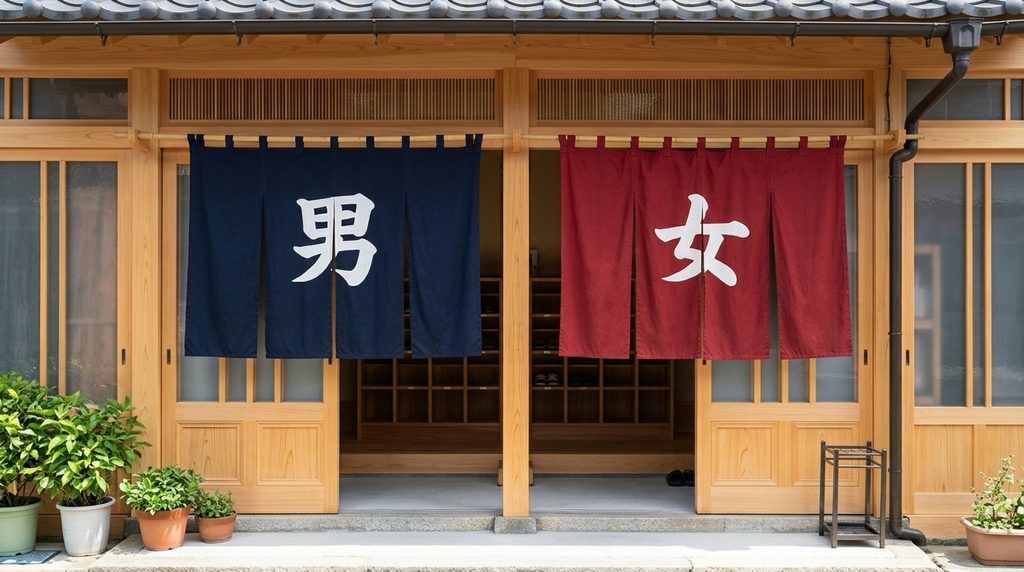 Men's and women's noren curtains at a sento entrance, marked 男 and 女