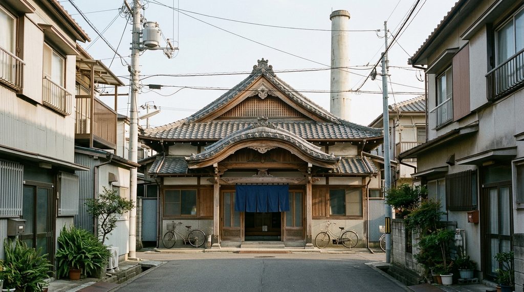 A traditional Japanese sento with a noren curtain and a tall chimney