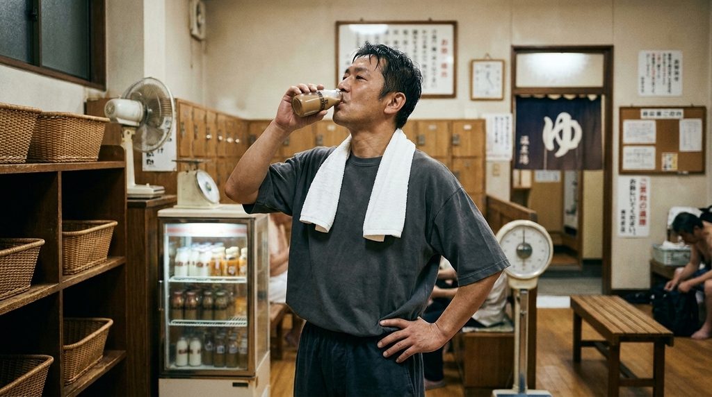 A glass bottle of coffee milk at a sento